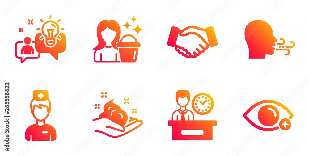 Doctor, Handshake and Breathing exercise line icons set. Skin care, Idea and Cleaning signs. Presentation time, Farsightedness symbols. Medicine person, Deal hand. People set. Vector
