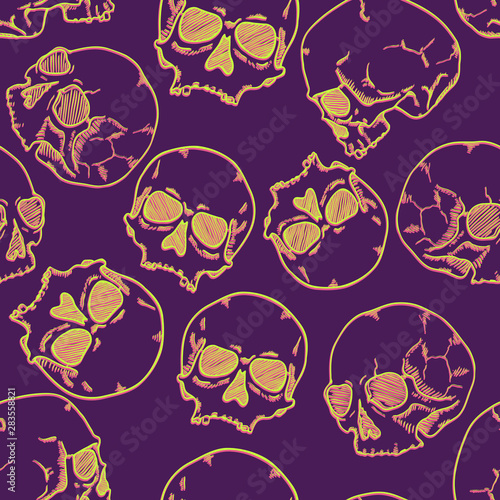 Vector Seamless Pattern of Fluorescent Sketch Skulls