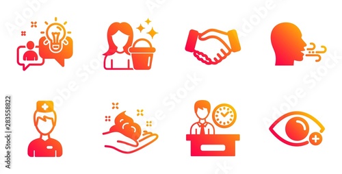 Doctor, Handshake and Breathing exercise line icons set. Skin care, Idea and Cleaning signs. Presentation time, Farsightedness symbols. Medicine person, Deal hand. People set. Vector