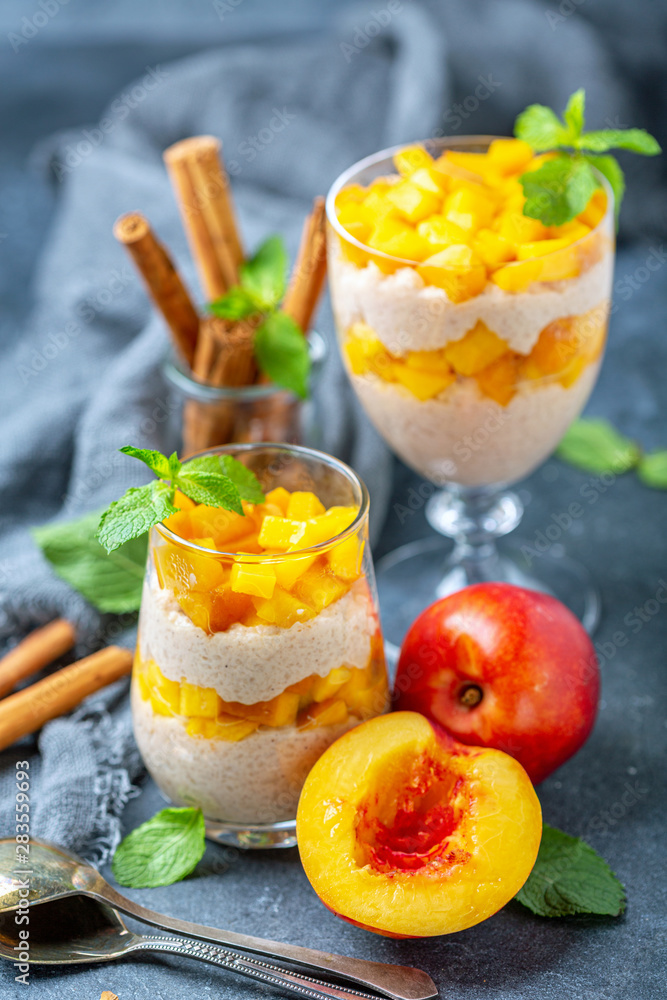 Rice pudding with nectarine, cinnamon and ginger. Rice pudding with nectarine, cinnamon and ginger.