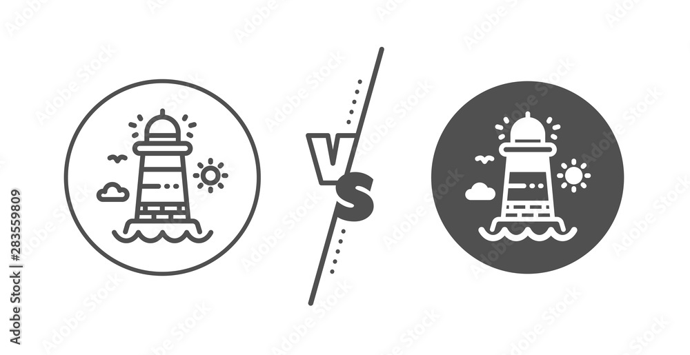Beacon tower sign. Versus concept. Lighthouse line icon. Searchlight building symbol. Line vs classic lighthouse icon. Vector Beacon tower sign. Versus concept. Lighthouse line icon. Searchlight building symbol. Line vs classic lighthouse icon. Vector