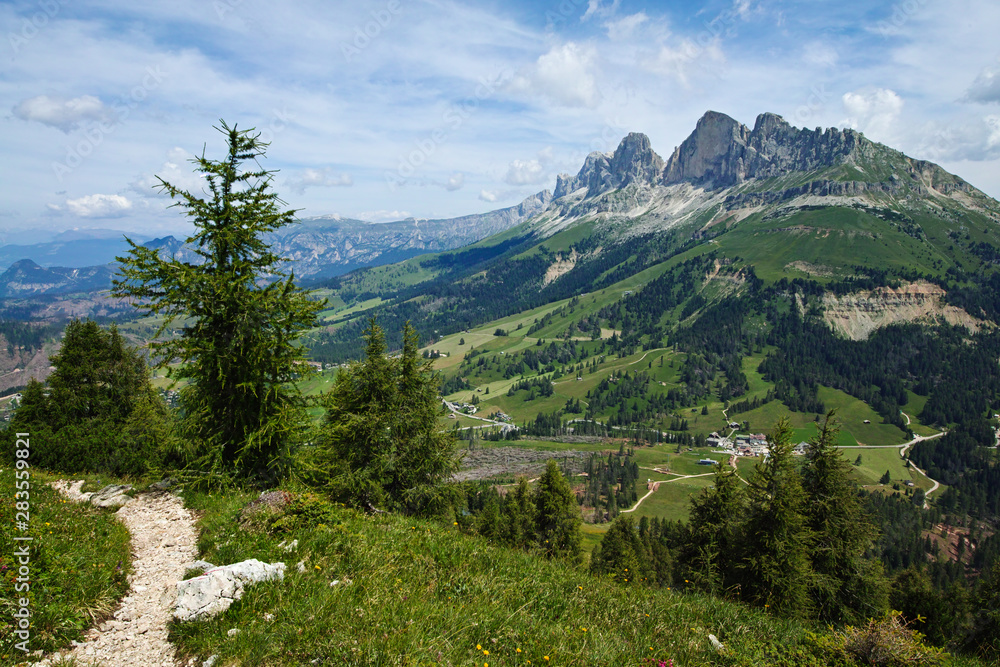 View of Catinaccio Rosengarten massif from the Latemar mountain. Dolomites, Italy