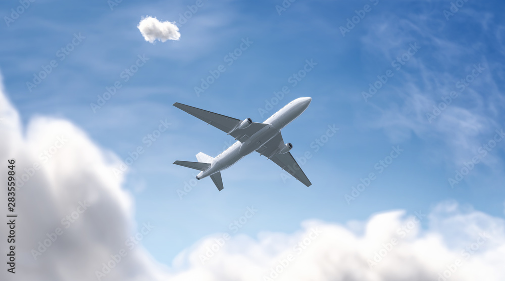 Blank white airplane mockup on sky background, bottom view, depth of field and motion blur, 3d rendering. Empty jetliner flight in heaven mock up. Clear charter airline for voyage template. Blank white airplane mockup on sky background, bottom view, depth of field and motion blur, 3d rendering. Empty jetliner flight in heaven mock up. Clear charter airline for voyage template.