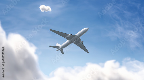 Blank white airplane mockup on sky background, bottom view, depth of field and motion blur, 3d rendering. Empty jetliner flight in heaven mock up. Clear charter airline for voyage template.