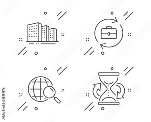 Buildings, Human resources and Web search line icons set. Hourglass sign. City architecture, Job recruitment, Find internet. Sand watch. Business set. Line buildings outline icon. Vector