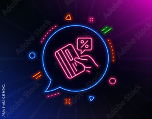 Credit card percent line icon. Neon laser lights. Discount sign. Loan percentage symbol. Glow laser speech bubble. Neon lights chat bubble. Banner badge with credit card icon. Vector