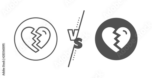 Divorce sign. Versus concept. Break up Love line icon. Valentines day symbol. Line vs classic break up icon. Vector