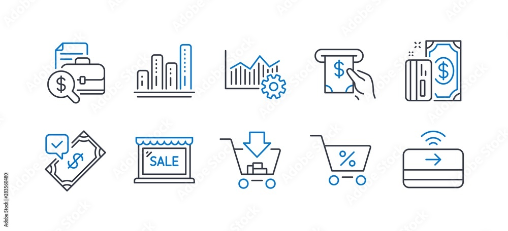 Set of Finance icons, such as Shopping, Sale, Payment, Operational excellence, Special offer, Accepted payment, Atm service, Accounting report, Graph chart line icons. Line shopping icon. Vector Set of Finance icons, such as Shopping, Sale, Payment, Operational excellence, Special offer, Accepted payment, Atm service, Accounting report, Graph chart line icons. Line shopping icon. Vector