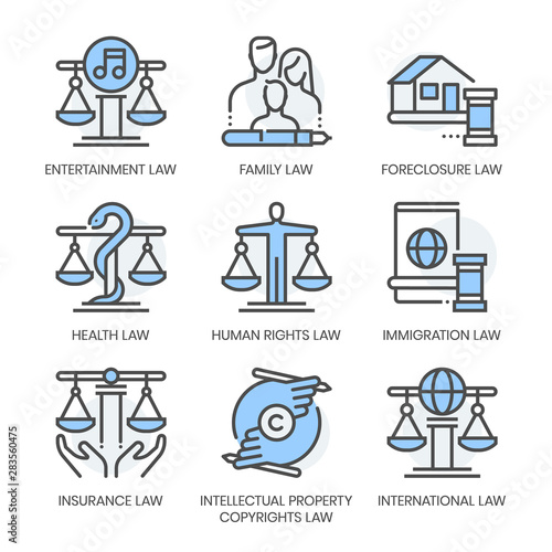Law fields related, square line color vector icon set for applications and website development. The icon set is pixelperfect with 64x64 grid. Crafted with precision and eye for quality.