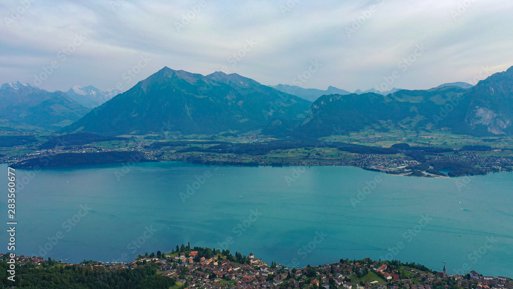 Lake Thun in Switzerland in the evening - aerial view
