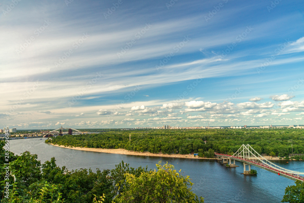 Cityscape, view of the Dnieper river and the bridge in Kiev from a height