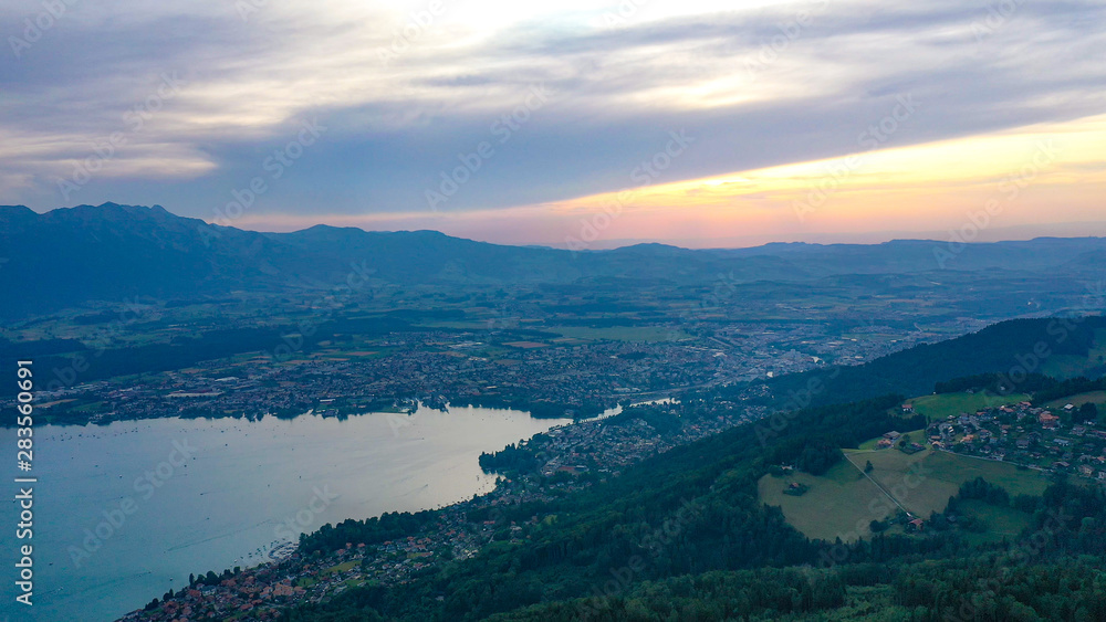 Lake Thun in Switzerland in the evening - aerial view