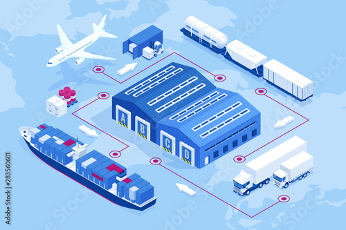 Isometric global logistics network. Air cargo, rail transportation, maritime shipping, warehouse, container ship, city skyline on the world map.