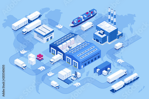 Isometric global logistics network. Air cargo, rail transportation, maritime shipping, warehouse, container ship, city skyline on the world map. photo