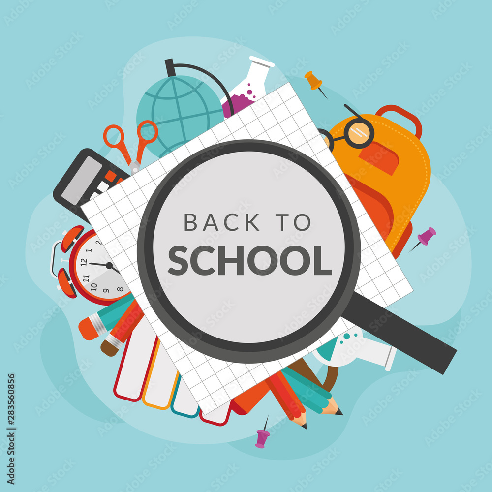 Back to school concept. School supplies. Backpack, books, pencils, magnifier, globe, calculator vector illustration