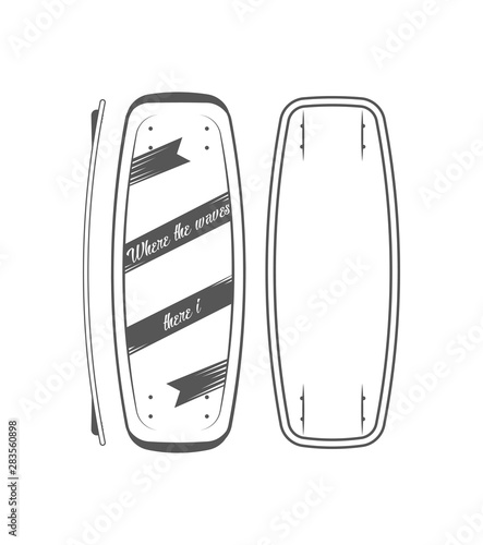Vector flat logo. Board for wakeboarding and surfing. Graphic design element, emblem.