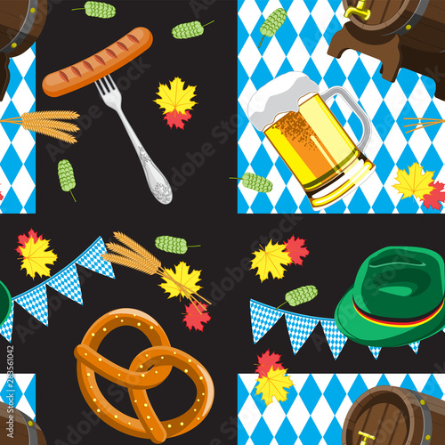 Oktoberfest. Vector flat color seamless pattern for German beer festival in Munich. Picture of beer mug, pretzel and Bavarian flag. Wrapping paper, souvenir. Vector image