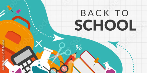 Back to school concept. School supplies banner. Backpack, books, pencils, magnifier, globe, calculator vector illustration