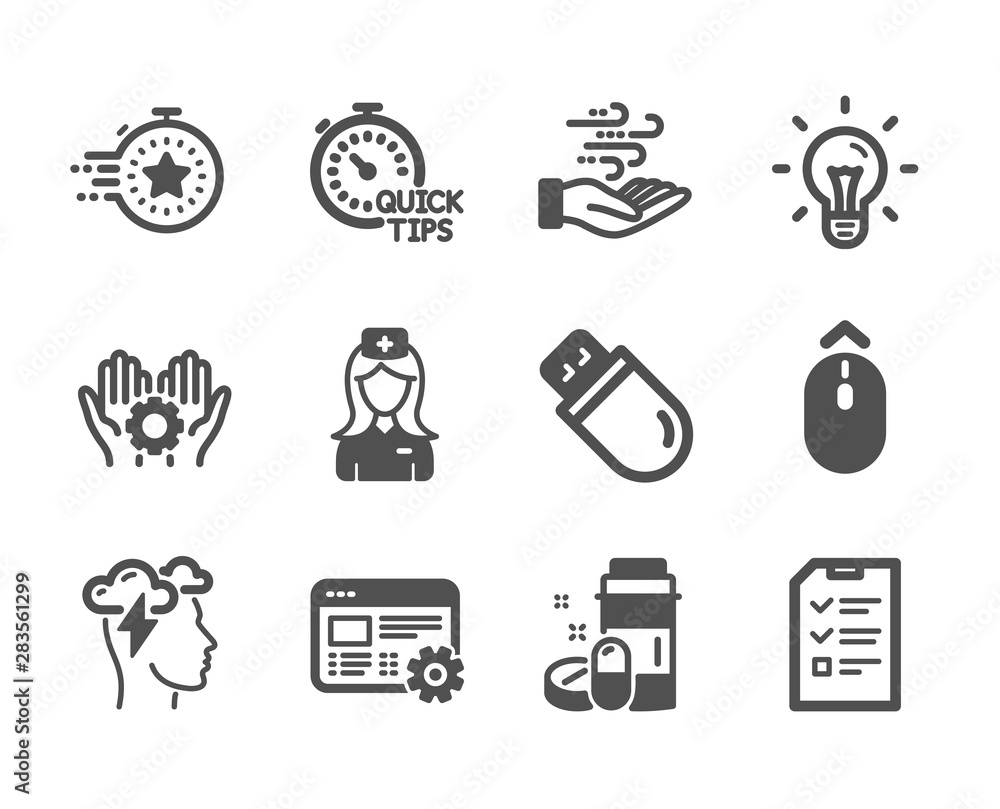 Set of Science icons, such as Web settings, Employee hand, Swipe up, Medical drugs, Hospital nurse, Interview, Wind energy, Idea, Mindfulness stress, Quick tips, Timer, Usb stick. Vector Set of Science icons, such as Web settings, Employee hand, Swipe up, Medical drugs, Hospital nurse, Interview, Wind energy, Idea, Mindfulness stress, Quick tips, Timer, Usb stick. Vector