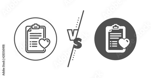 Hospital patient history sign. Versus concept. Medical survey line icon. Line vs classic patient history icon. Vector