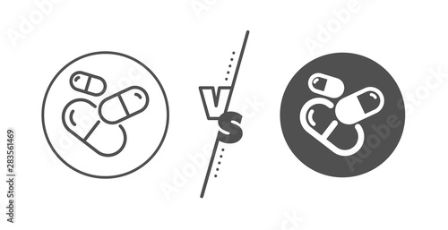 Medical drugs sign. Versus concept. Capsule pill line icon. Pharmacy medication symbol. Line vs classic capsule pill icon. Vector