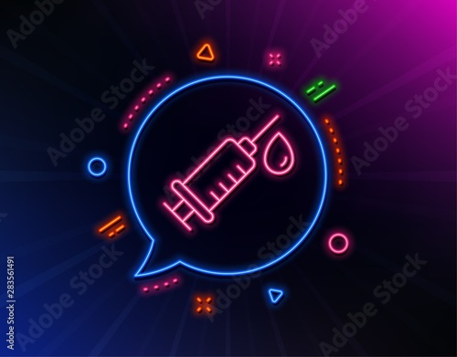Medical syringe line icon. Neon laser lights. Medicine vaccine sign. Pharmacy medication symbol. Glow laser speech bubble. Neon lights chat bubble. Banner badge with medical syringe icon. Vector