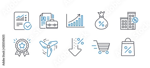 Set of Finance icons, such as Low percent, Wind energy, Graph chart, Checked calculation, Vacancy, Loyalty award, Delivery shopping, Loan, Loan house, Shopping bag line icons. Vector