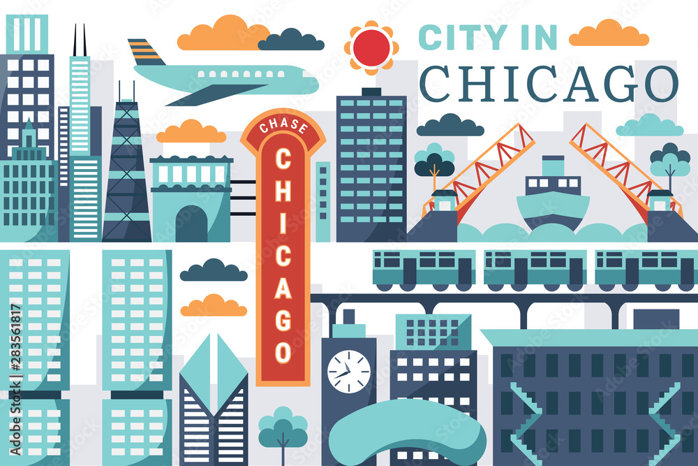 Obraz premium Vector illustration of city in chicago, flat design concept