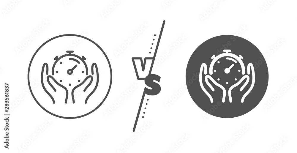Time management sign. Versus concept. Timer line icon. Stopwatch symbol. Line vs classic timer icon. Vector