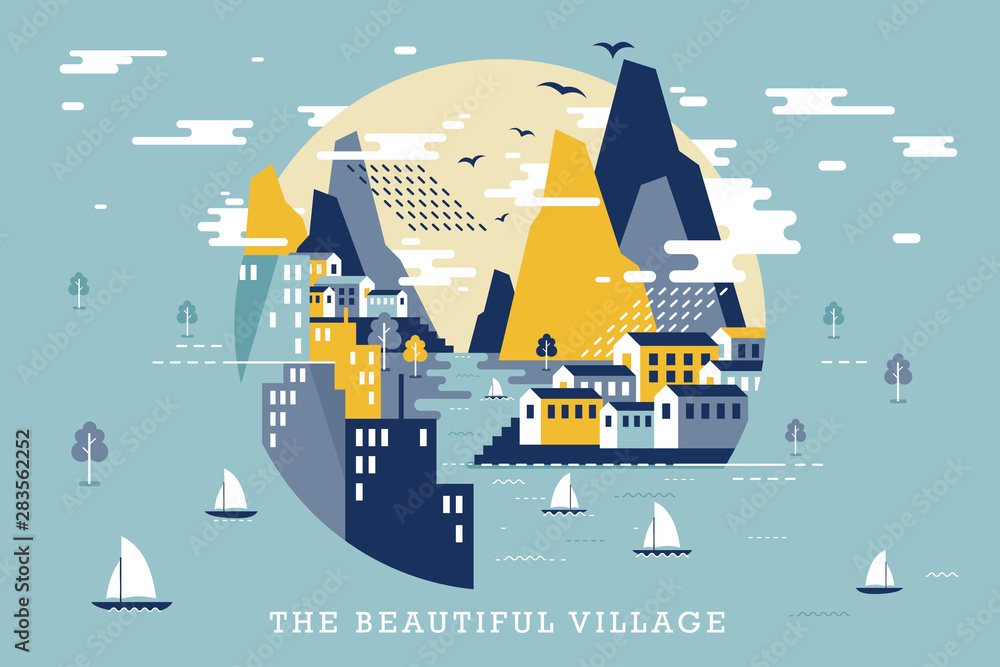 Vector illustration of beautiful village, flat design concept
