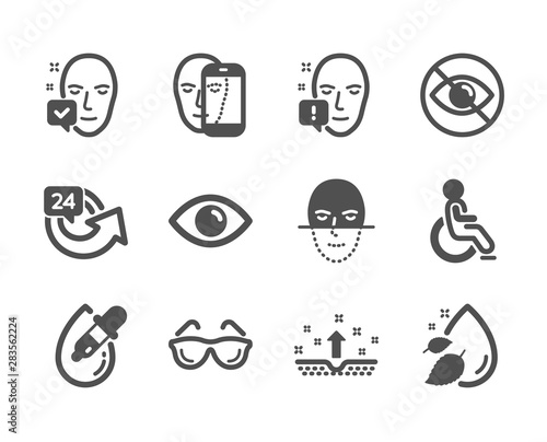 Set of Medical icons, such as Clean skin, Face recognition, 24 hours, Eyeglasses, Face biometrics, Disabled, Not looking, Water drop, Eye drops, Eye classic icons. Clean skin icon. Vector