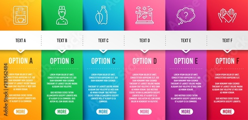 Airplane travel, Coffee maker and Question mark line icons set. Infographic timeline. Water bottle, Doctor and Smartphone holding signs. Check in, Tea machine, Quiz chat. Mint leaf drink. Vector
