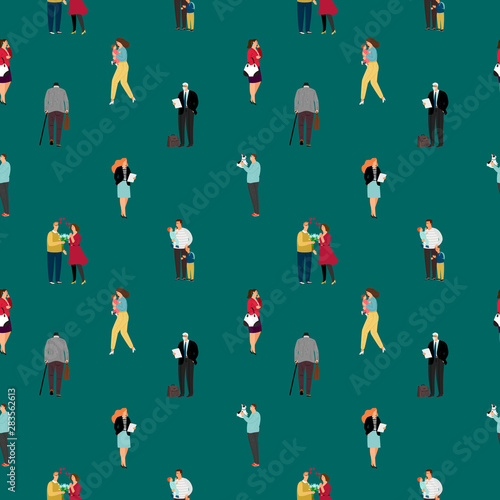 Seamless pattern with people walking, dating, speak. Vector together boyfriend and girlfriend, parents with baby illustration