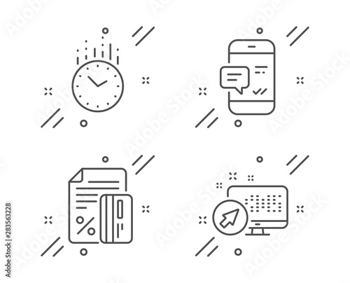 Time, Credit card and Smartphone notification line icons set. Web system sign. Clock, Loan percent, Chat message. Computer. Technology set. Line time outline icon. Vector