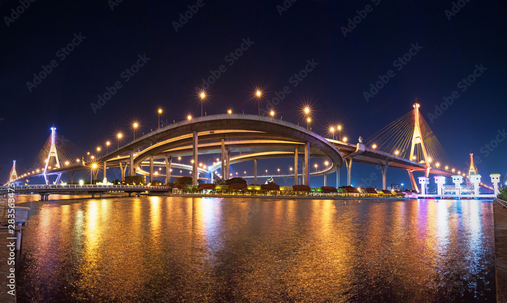 The Bhumibol Bridge, also known as the Industrial Ring Road Bridge. The bridge crosses the Chao Phraya River twice with two striking cable-stayed spans supported by two diamond-shaped pylons. Panorama