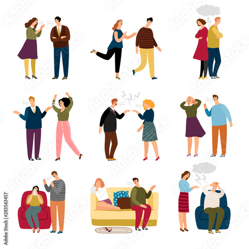 Couple swears and quarrel. Set of situation, couple woman and man arguing, angry and shouting illustration