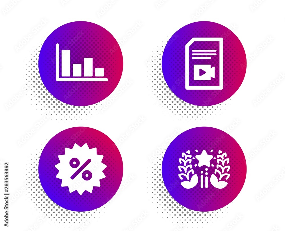 Video file, Discount and Histogram icons simple set. Halftone dots button. Ranking sign. Vlog page, Special offer, Economic trend. Laurel wreath. Business set. Classic flat video file icon. Vector Video file, Discount and Histogram icons simple set. Halftone dots button. Ranking sign. Vlog page, Special offer, Economic trend. Laurel wreath. Business set. Classic flat video file icon. Vector