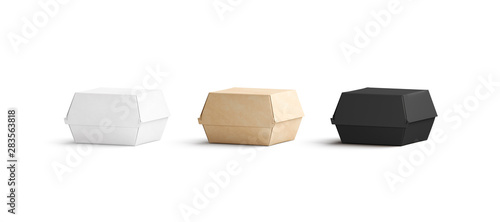 Quadro em tela Blank black, craft and white burger box mockup set, isolated, 3d rendering