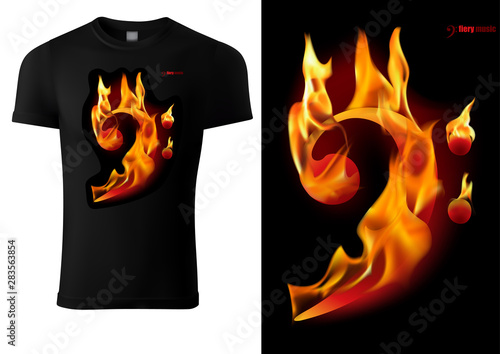 Black T-shirt Design with Flaming Music Sigh - Modern Colored Print Illustration, Vector Graphic