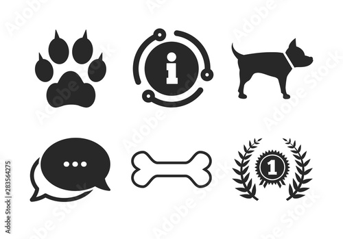 Cat paw with clutches sign. Chat, info sign. Pets icons. Winner laurel wreath and medal symbol. Pets food. Classic style speech bubble icon. Vector