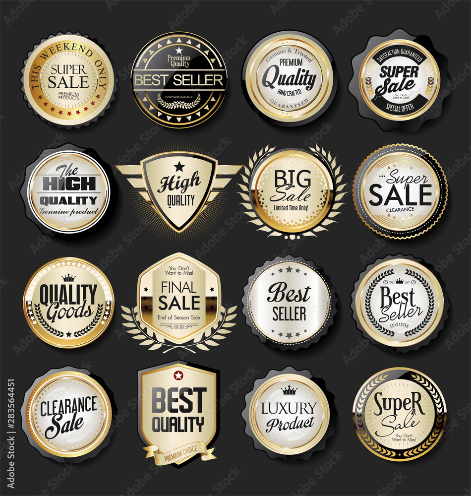 Collection of luxury golden design elements badges labels and laurels