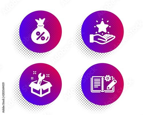 Loan, Loyalty program and Spanner icons simple set. Halftone dots button. Engineering documentation sign. Money bag, Bonus star, Repair service. Manual. Technology set. Classic flat loan icon. Vector