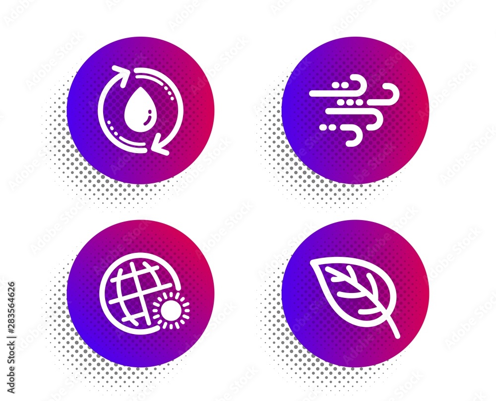 World weather, Refill water and Windy weather icons simple set. Halftone dots button. Leaf sign. Sunny, Recycle aqua, Wind. Environmental. Nature set. Classic flat world weather icon. Vector World weather, Refill water and Windy weather icons simple set. Halftone dots button. Leaf sign. Sunny, Recycle aqua, Wind. Environmental. Nature set. Classic flat world weather icon. Vector