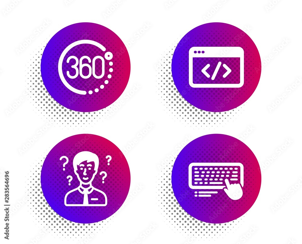 360 degrees, Seo script and Support consultant icons simple set. Halftone dots button. Computer keyboard sign. Full rotation, Programming, Question mark. Pc device. Technology set. Vector 360 degrees, Seo script and Support consultant icons simple set. Halftone dots button. Computer keyboard sign. Full rotation, Programming, Question mark. Pc device. Technology set. Vector