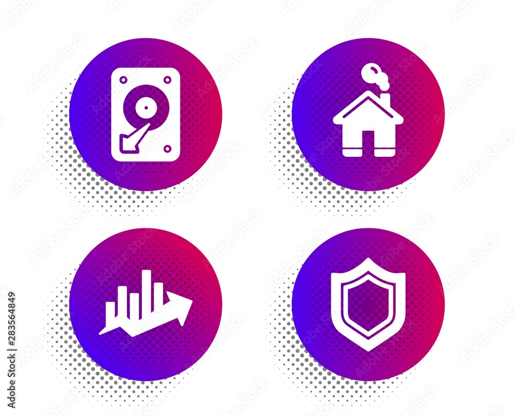 Hdd, Home and Growth chart icons simple set. Halftone dots button. Security sign. Hard disk, House building, Sale diagram. Protection shield. Business set. Classic flat hdd icon. Vector Hdd, Home and Growth chart icons simple set. Halftone dots button. Security sign. Hard disk, House building, Sale diagram. Protection shield. Business set. Classic flat hdd icon. Vector