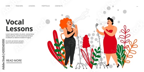 Vocal lessons landing page. Vector singing school web page template. Musicians, singers illustration. Music vocal school, performance musical sing