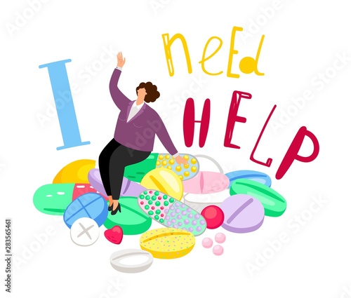 Drug addiction concept. Woman sitting on mountain of pills. Medicine, pharmacology vector illustration. Addiction pill and medical tablet, pharmacology drug