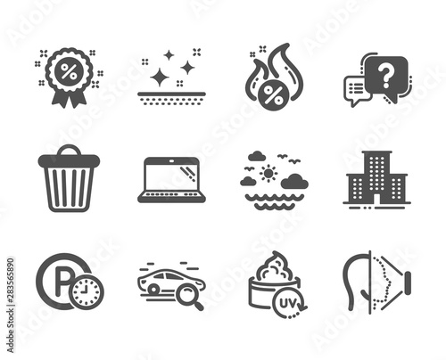 Set of Business icons, such as Travel sea, Discount, Face id, Clean skin, Question mark, Trash bin, Laptop, Parking time, University campus, Uv protection, Hot loan, Search car. Vector