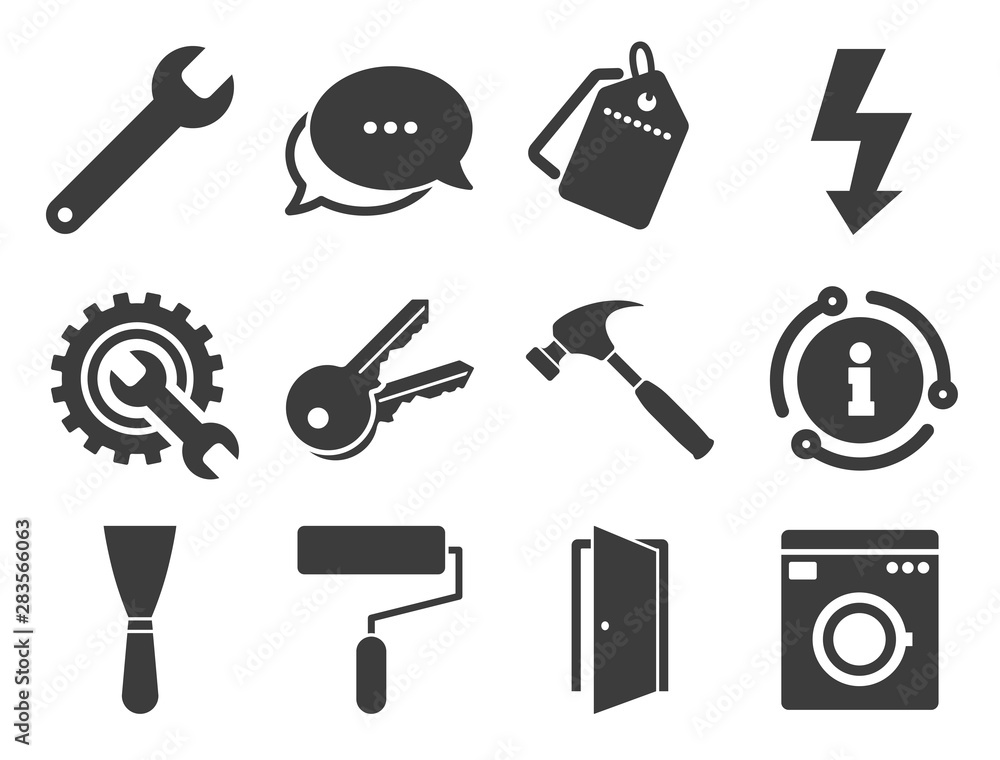 Obraz premium Electricity, keys and hammer signs. Discount offer tag, chat, info icon. Repair, construction icons. Door, washing machine and service symbols. Classic style signs set. Vector