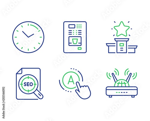 Time, Ab testing and Coffee vending line icons set. Winner podium, Seo file and Wifi signs. Clock, A test, Coffee vending machine. First place. Technology set. Line time outline icons. Vector
